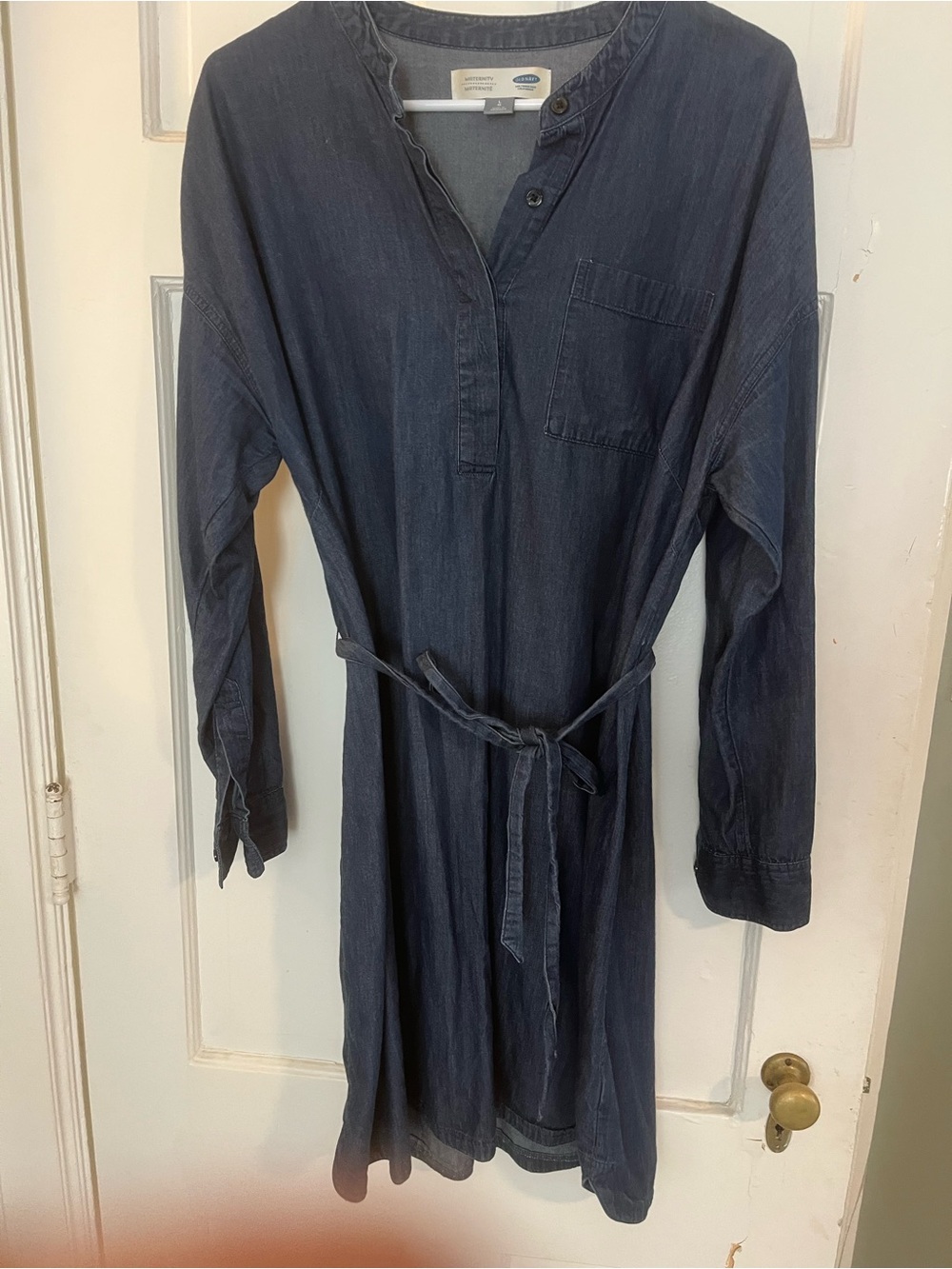 *maternity* Casual Belted Long-Sleeve Denim Shirt Dress